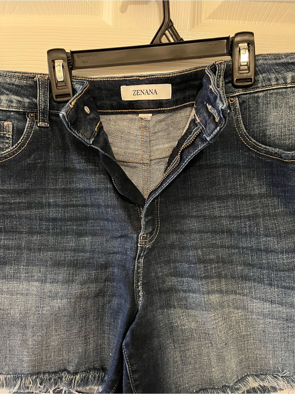 Mid Wash Denim Jean Shorts with Frayed Hem - Picture 2 of 3
